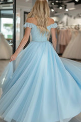 Spitze Tüll A Linie Himmelblaues Schulterfreies Ballkleid