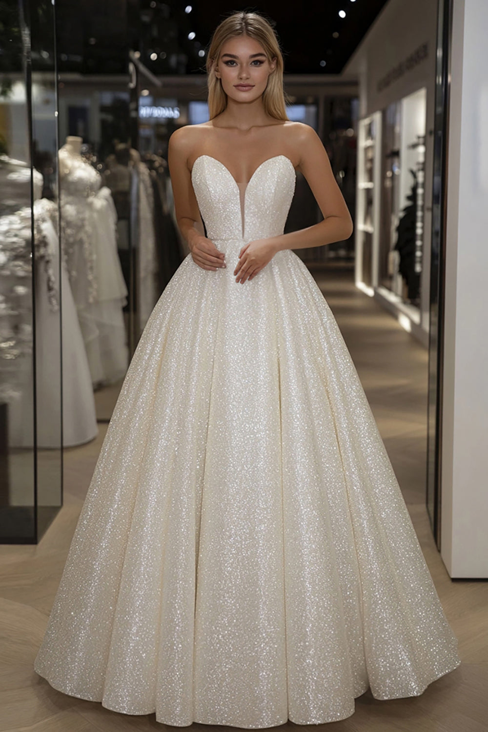 Glitzerndes Elfenbein A-Linie Herzausschnitt Langes Ballkleid