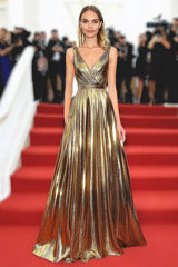 Gold Metallic Satin A-Linie Galakleid mit V-Ausschnitt und Gürtel