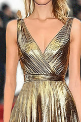 Gold Metallic Satin A-Linie Galakleid mit V-Ausschnitt und Gürtel