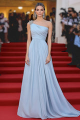 Elegantes Himmelblaues A-Linie Chiffon Ballkleid mit einer Schulter