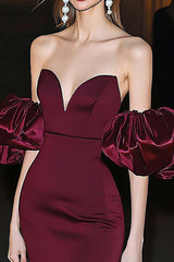 Burgundy Satin Meerjungfrauen Galakleid mit Puffärmeln