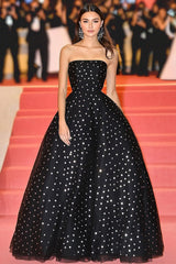 Schwarzes Trägerloses Ballkleid Galakleid mit Polka Dots