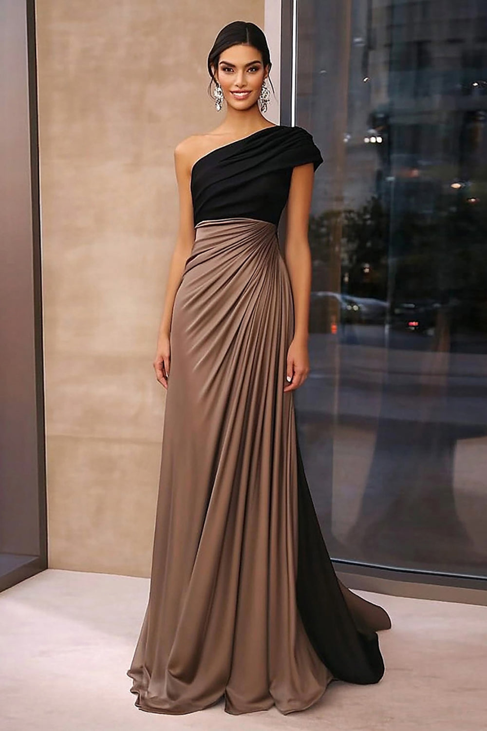 Zapaka Damen Braunes Ballkleid Etui Gerafftes Eine Schulter Langes Abendkleid