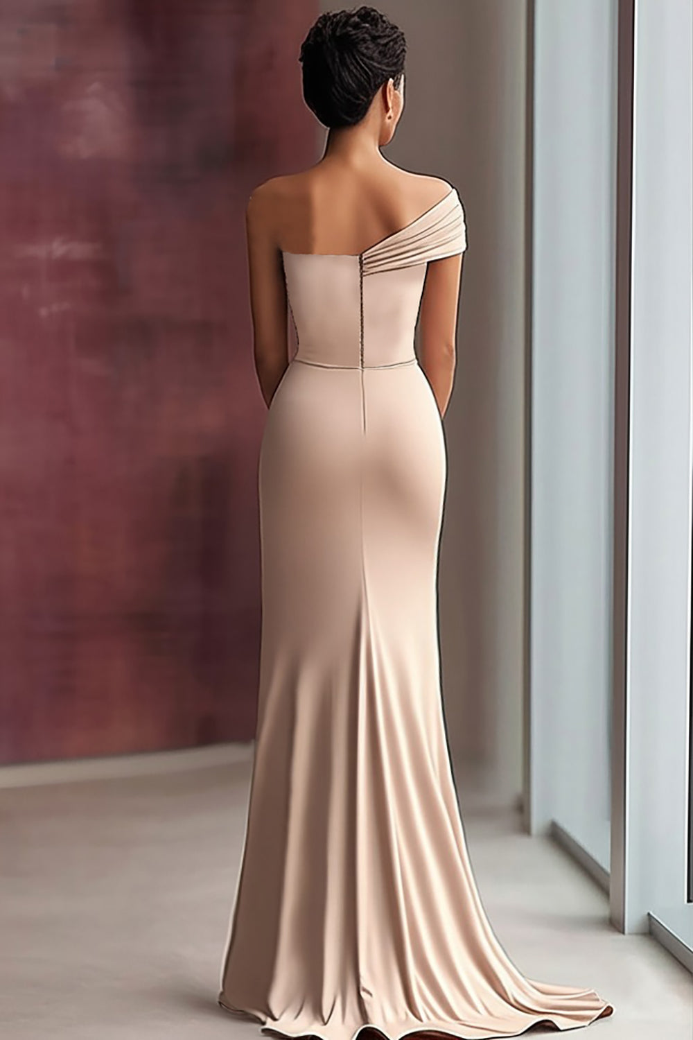 Helles Khaki Eine Schulter Etui Ballkleid mit Falten