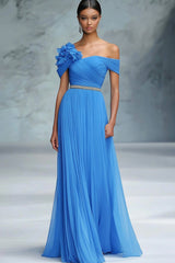 ZAPAKA Damen Blaues Ballkleid Schulterfreies Gerafftes Langes Formelles Abendkleid