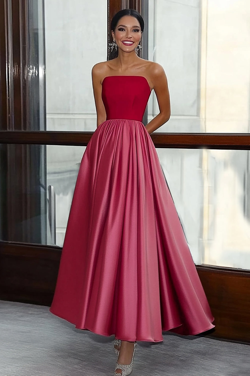 A Linie Trägerloses Satin Rot & Rosa Langes Gala Ballkleid