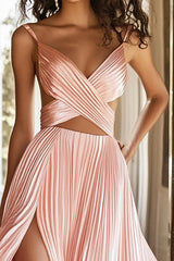 A Linie Rosa Plissee Ballkleid mit V-Ausschnitt und Schlitz