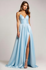 A Linie Himmelblaues Spaghettiträger Langes Ballkleid aus Satin mit Schlitz