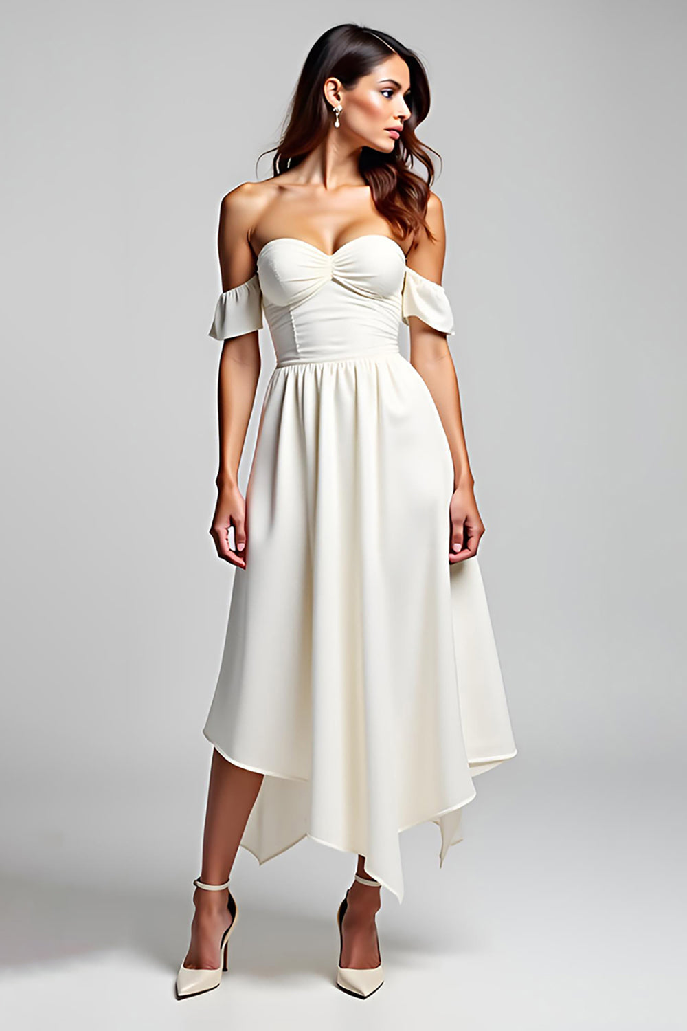 A Linie Weißes Schulterfreies Chiffon Langes Standesamtkleid