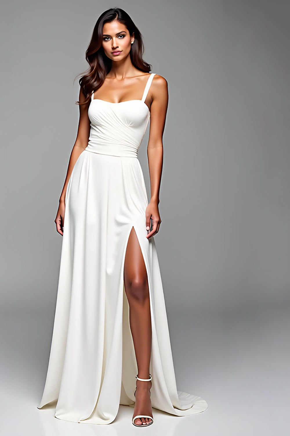 Weißes Spaghettiträger Jersey A-Linie Abendkleid