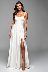 Weißes Spaghettiträger Jersey A-Linie Abendkleid