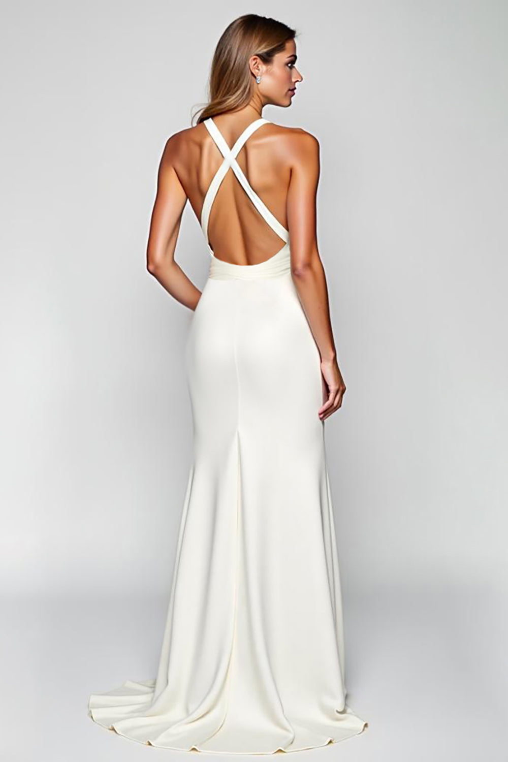 Weißes Langes Etui Neckholder Satin Ballkleid