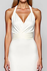 Weißes Langes Etui Neckholder Satin Ballkleid