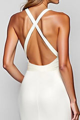 Weißes Langes Etui Neckholder Satin Ballkleid