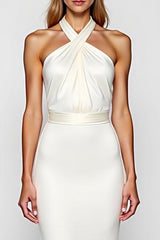 Weißes Langes Etui Ballkleid mit überkreuztem Neckholder