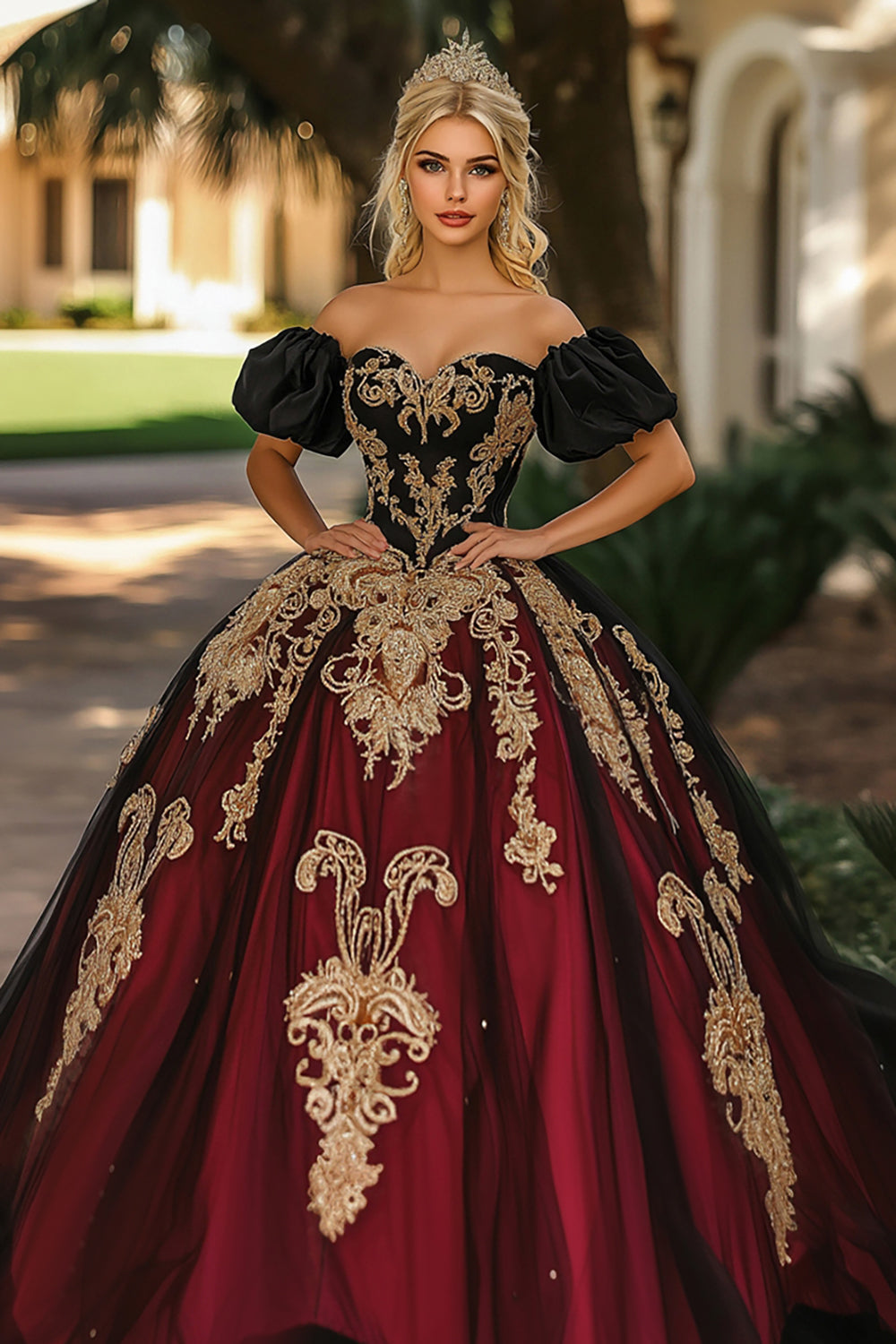 Burgunderrotes und Schwarzes Schulterfreies Organza Quinceanera Kleid mit Puffärmeln