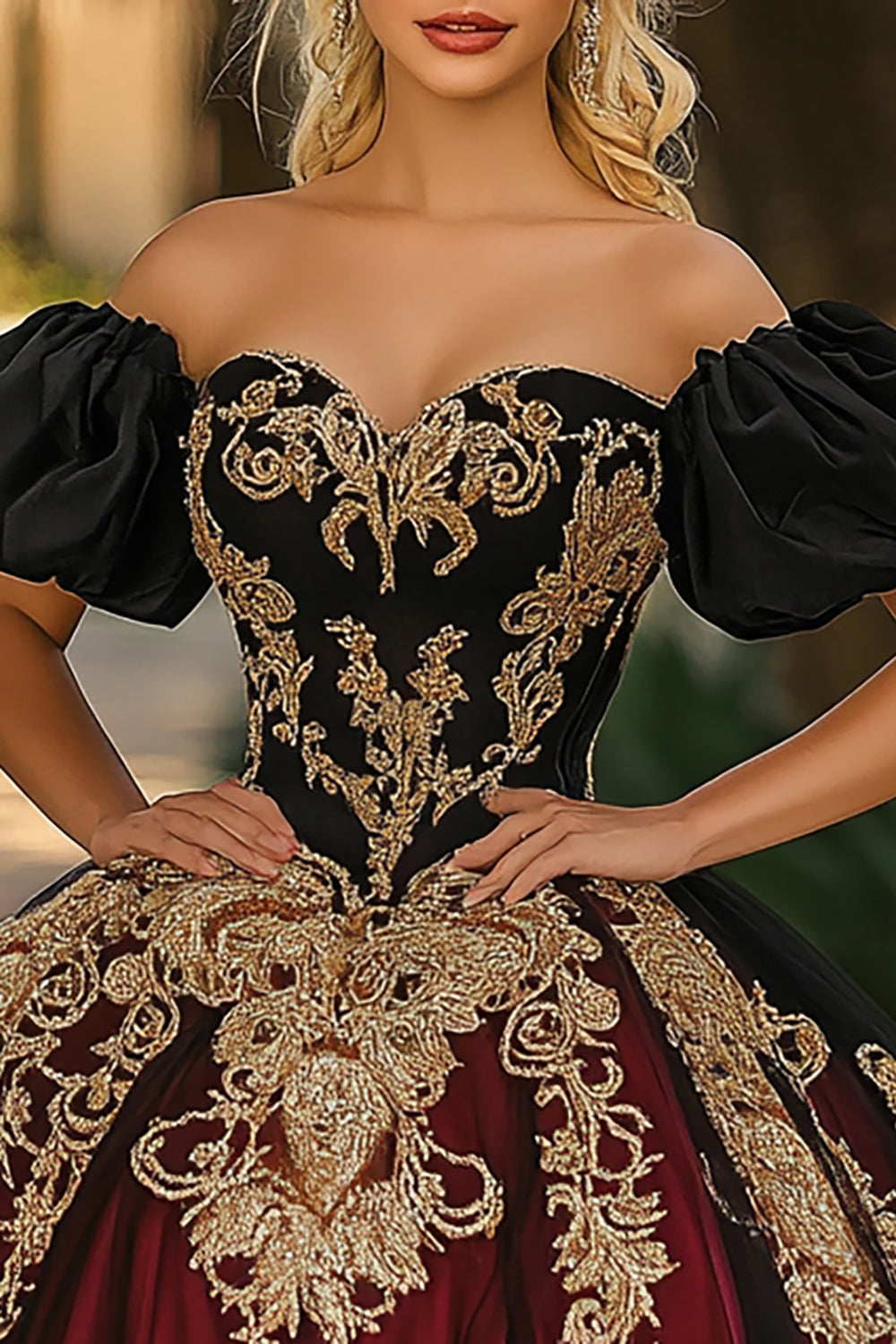 Burgunderrotes und Schwarzes Schulterfreies Organza Quinceanera Kleid mit Puffärmeln