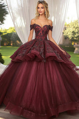Glitzerndes Burgunderrotes Ballkleid Schulterfreies Quinceanera Kleid aus Tüll mit Paillettenapplikationen