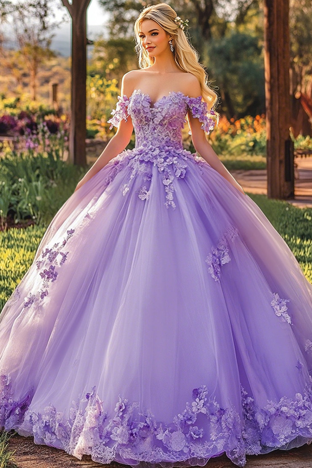 Flieder Bodenlanges Appliziertes Quinceanera Kleid mit 3D-Blumen