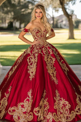 Glitzerndes Rot Goldenes Satin Quinceanera Kleid mit Applikationen