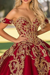 Glitzerndes Rot Goldenes Satin Quinceanera Kleid mit Applikationen