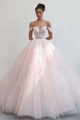 Prinzessin Rosa Ballkleid Schulterfreies Quinceanera Kleid aus Tüll mit Applikationen