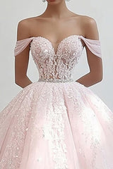 Prinzessin Rosa Ballkleid Schulterfreies Quinceanera Kleid aus Tüll mit Applikationen
