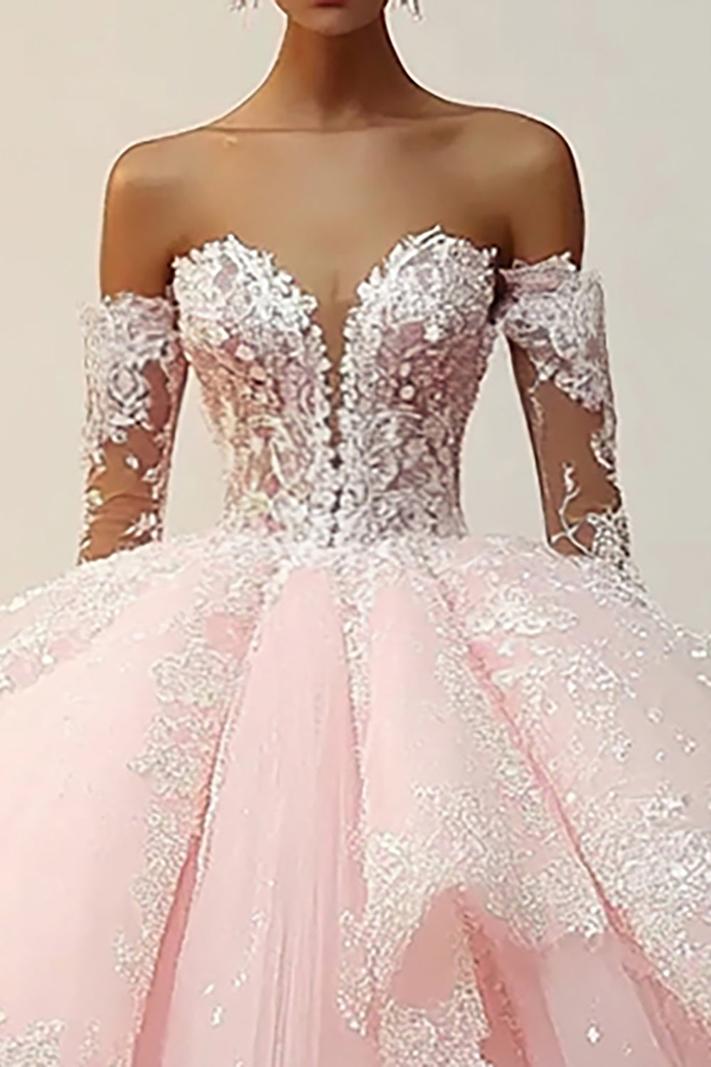 Prinzessin Rosa Ballkleid Trägerloses Rüschen Applikationen Tüll Quinceanera Kleid mit abnehmbaren Ärmeln