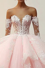 Prinzessin Rosa Ballkleid Trägerloses Rüschen Applikationen Tüll Quinceanera Kleid mit abnehmbaren Ärmeln