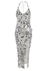Silbernes Etui Neckholder V-Ausschnitt Pailletten Quaste Partykleid