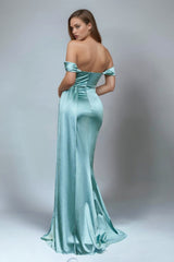 Grünes Meerjungfrau Schulterfreies Satin Ballkleid mit Schlitz
