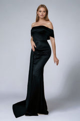 Satin Schwarzes Schulterfreies Meerjungfrauen Abendkleid