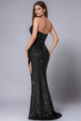 Glitzerndes Schwarzes Pailletten Neckholder Meerjungfrauen Ballkleid mit Schlitz