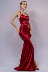 Burgundy Meerjungfrauen Neckholder Gerafftes Langes Ballkleid mit Schlitz