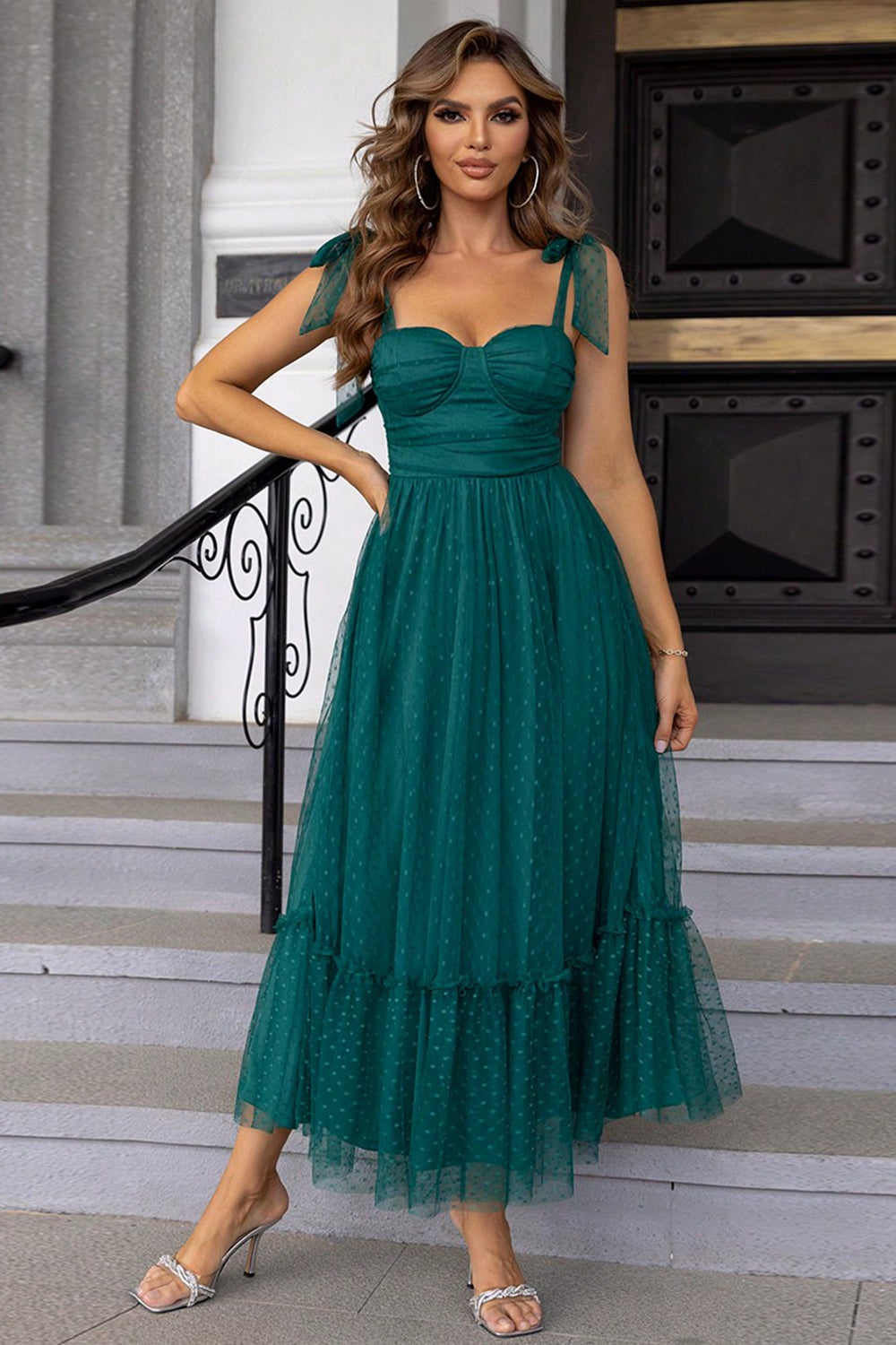 A Linie Plissee Schleife Spaghettiträger Schwarzes Langes Brautjungfernkleid