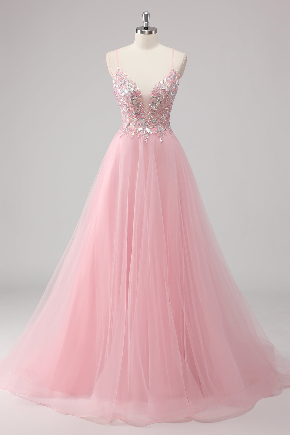Rosa A-Linie Spaghettiträger Langes Ballkleid aus Tüll mit Paillettenapplikationen