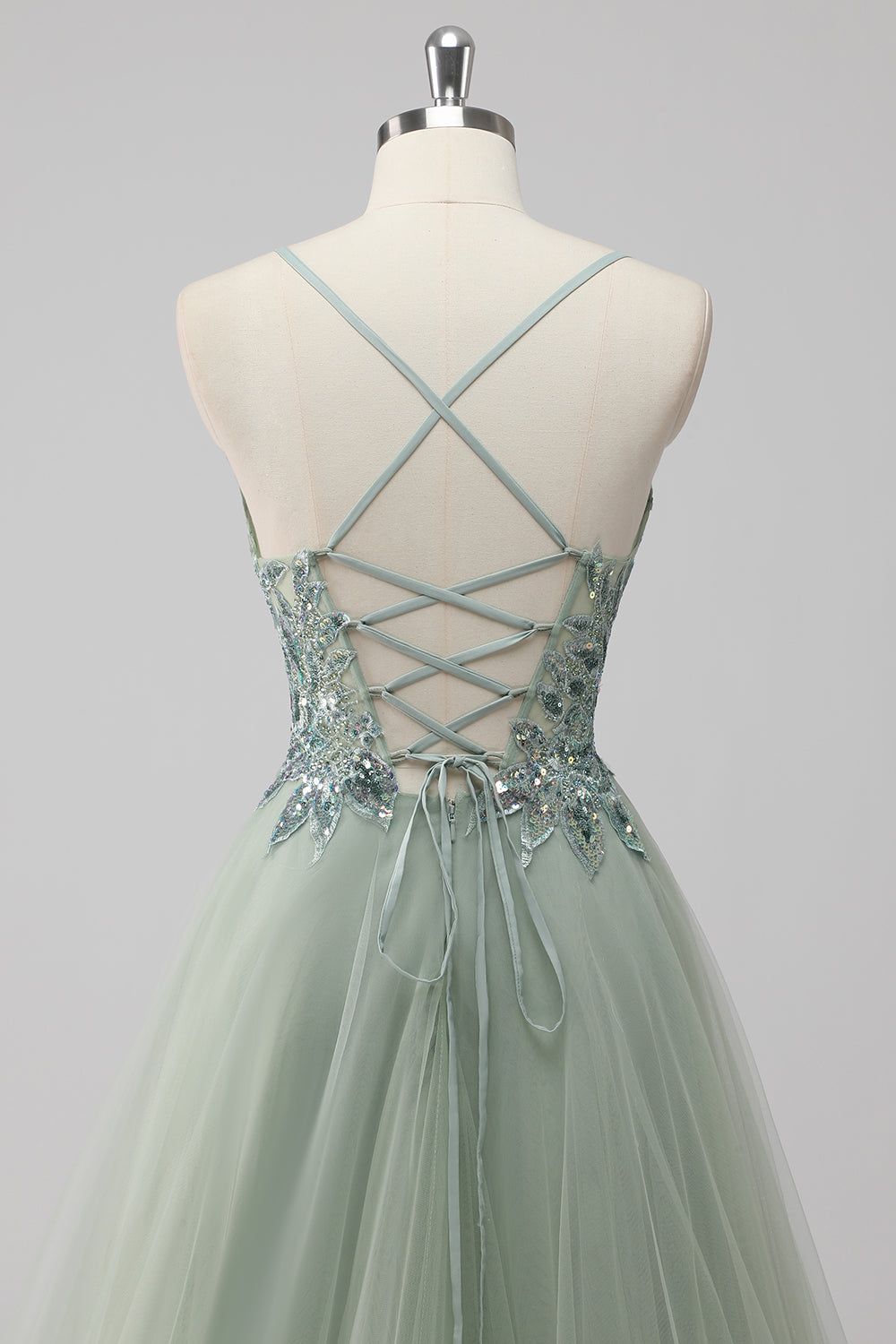 Grünes Langes A-Linie Pailletten Tüll Ballkleid mit Schnürung am Rücken