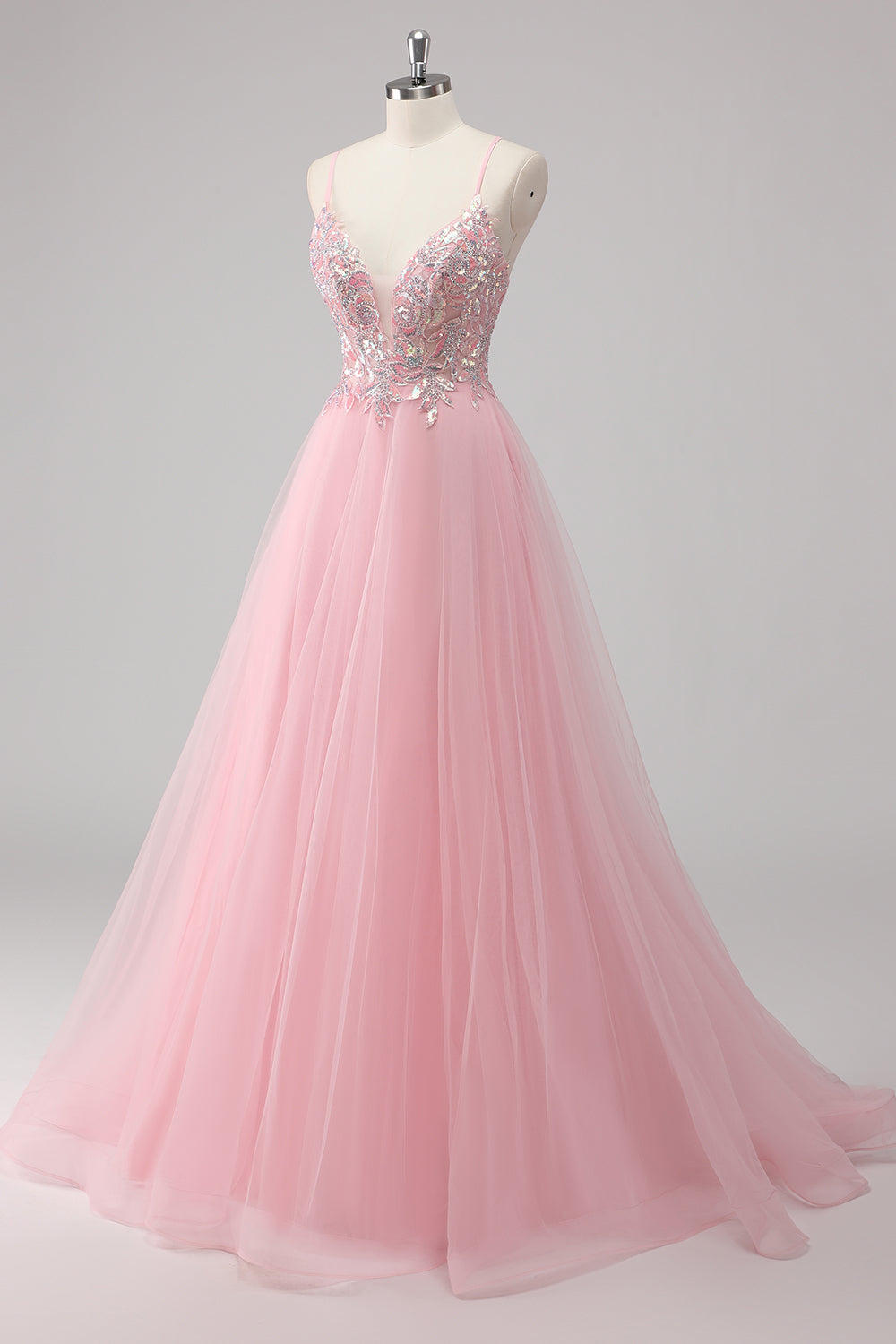 Rosa A-Linie Spaghettiträger Langes Ballkleid aus Tüll mit Paillettenapplikationen