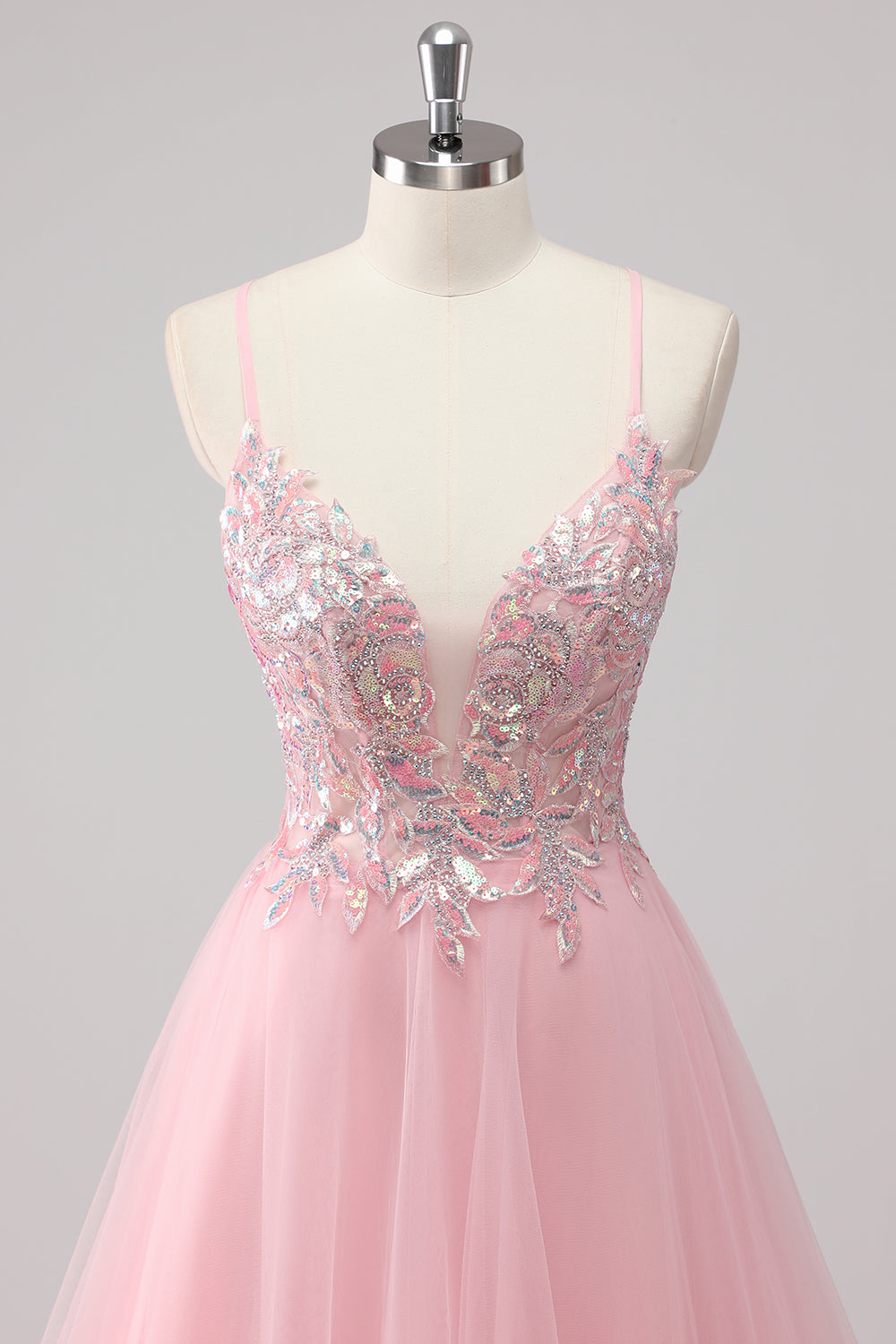 Rosa A-Linie Spaghettiträger Langes Ballkleid aus Tüll mit Paillettenapplikationen