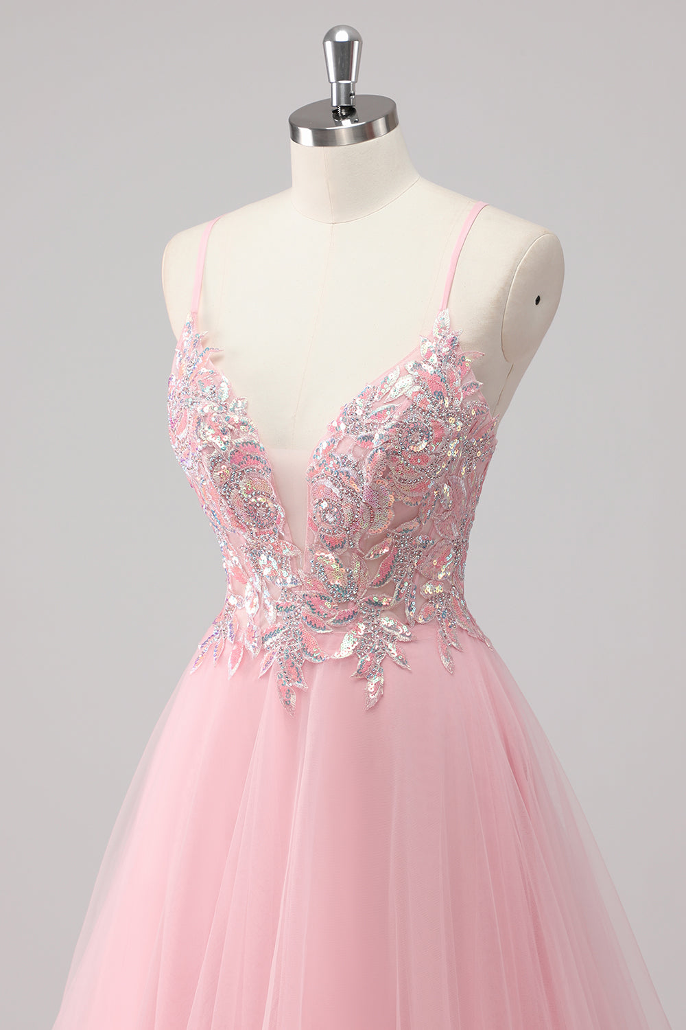 Rosa A-Linie Spaghettiträger Langes Ballkleid aus Tüll mit Paillettenapplikationen