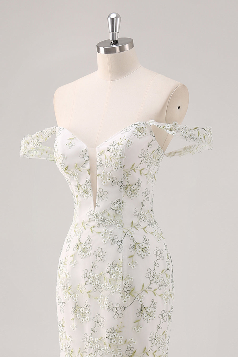 Meerjungfrau Weißes Grünes Schulterfreies Ballkleid mit Blume
