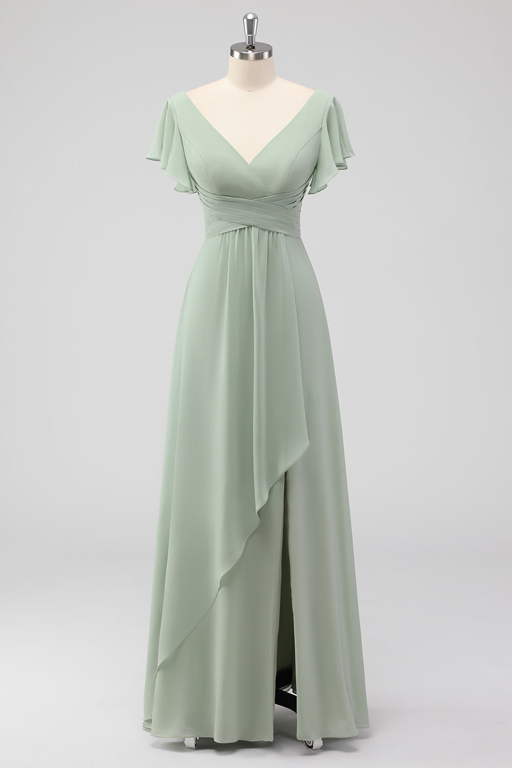 Salbeigrünes Langes A-Linie Brautjungfernkleid aus Chiffon mit V-Ausschnitt und kurzen Ärmeln