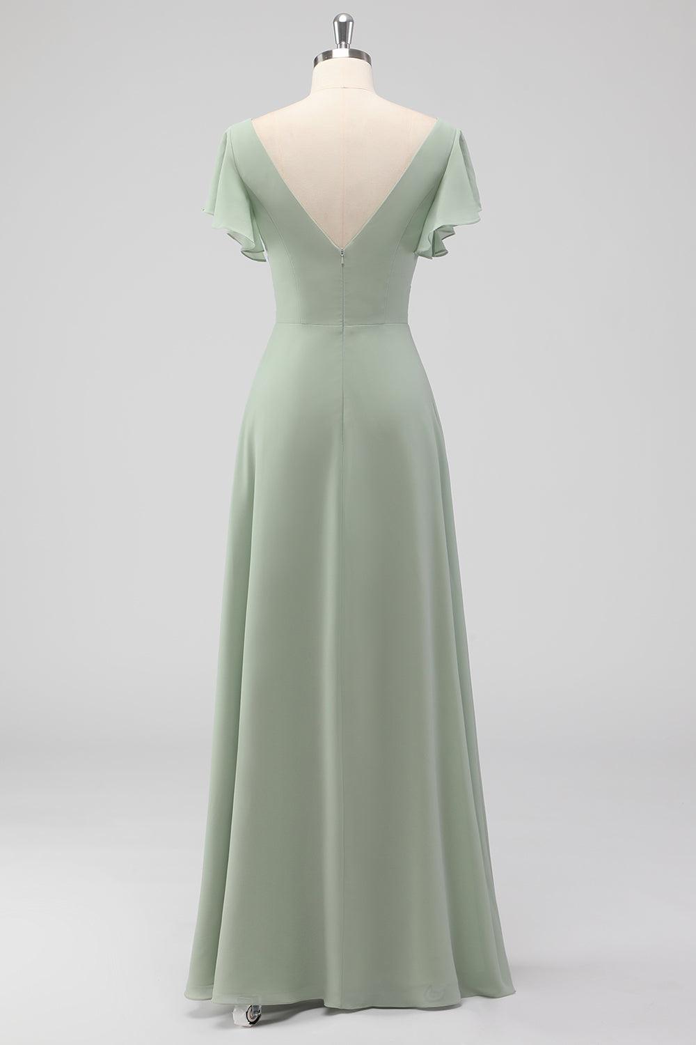 Salbeigrünes Langes A-Linie Brautjungfernkleid aus Chiffon mit V-Ausschnitt und kurzen Ärmeln