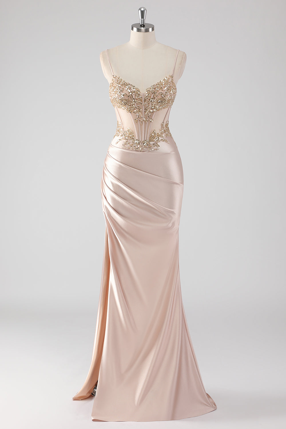Zapaka Damen Glitzerndes Ballkleid Champagner Korsett Applikationen Langes Abendkleid mit Schlitz