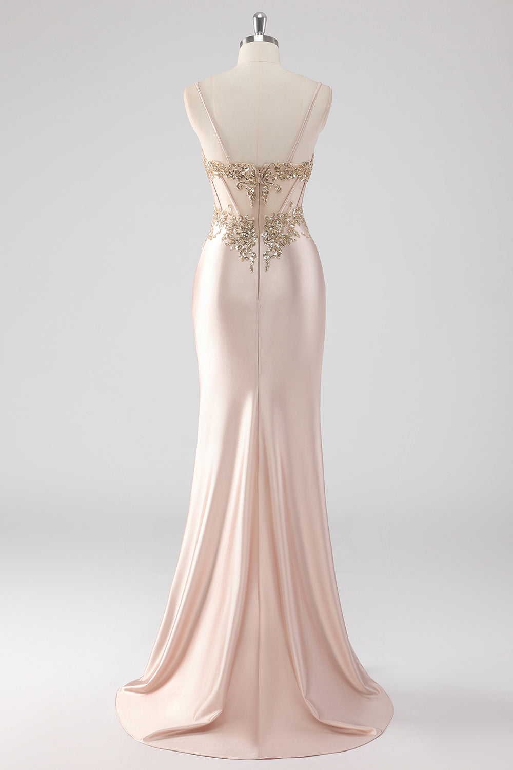 Glitzerndes Champagner Korsett Applikationen Ballkleid mit Schlitz