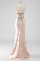 Glitzerndes Champagner Korsett Applikationen Ballkleid mit Schlitz