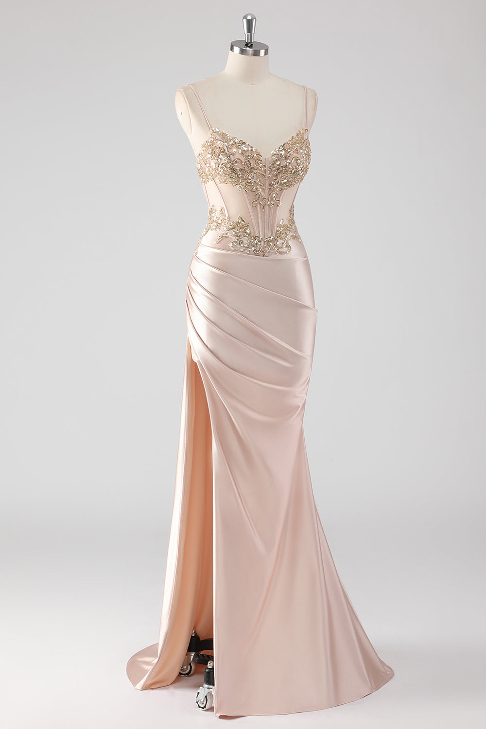 Glitzerndes Champagner Korsett Applikationen Ballkleid mit Schlitz