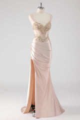 Glitzerndes Champagner Korsett Applikationen Ballkleid mit Schlitz
