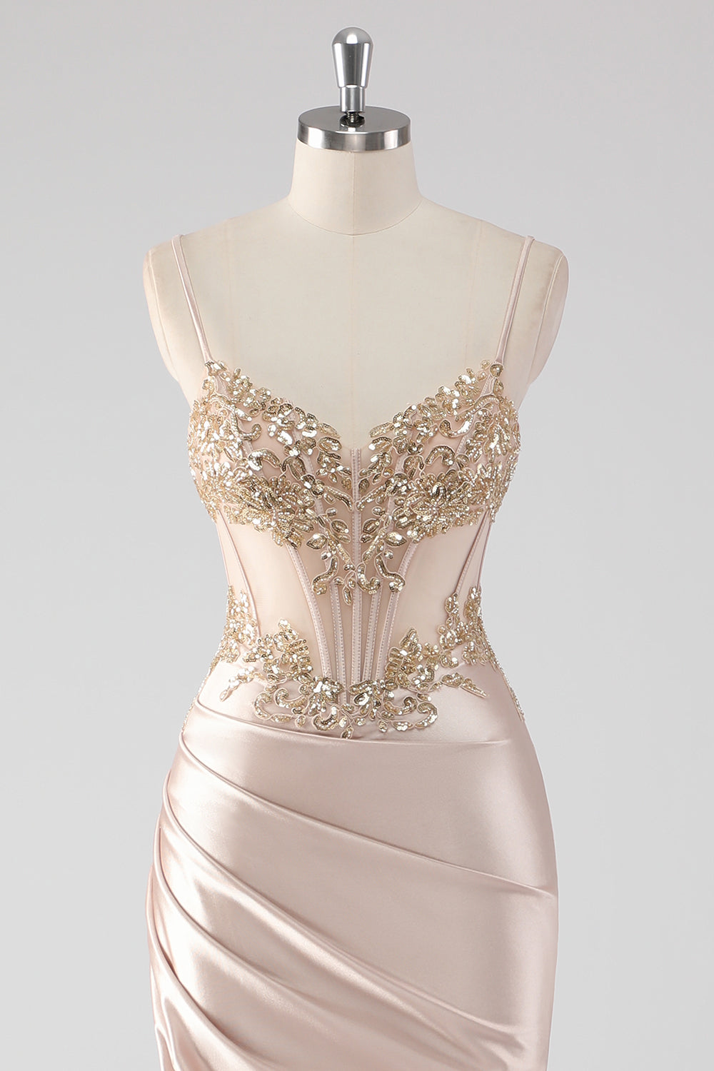 Glitzerndes Champagner Korsett Applikationen Ballkleid mit Schlitz